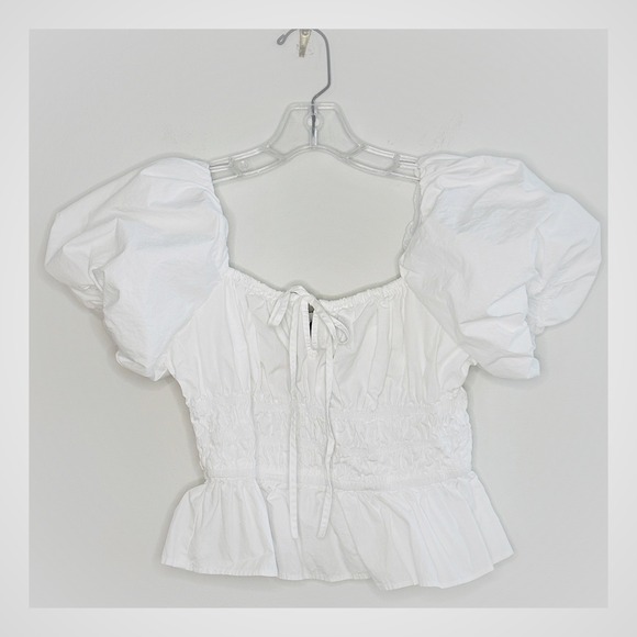 Aqua Tops - AQUA White Cotton Puff Sleeve Peplum Smocked Top Square Neck Tie Front Small